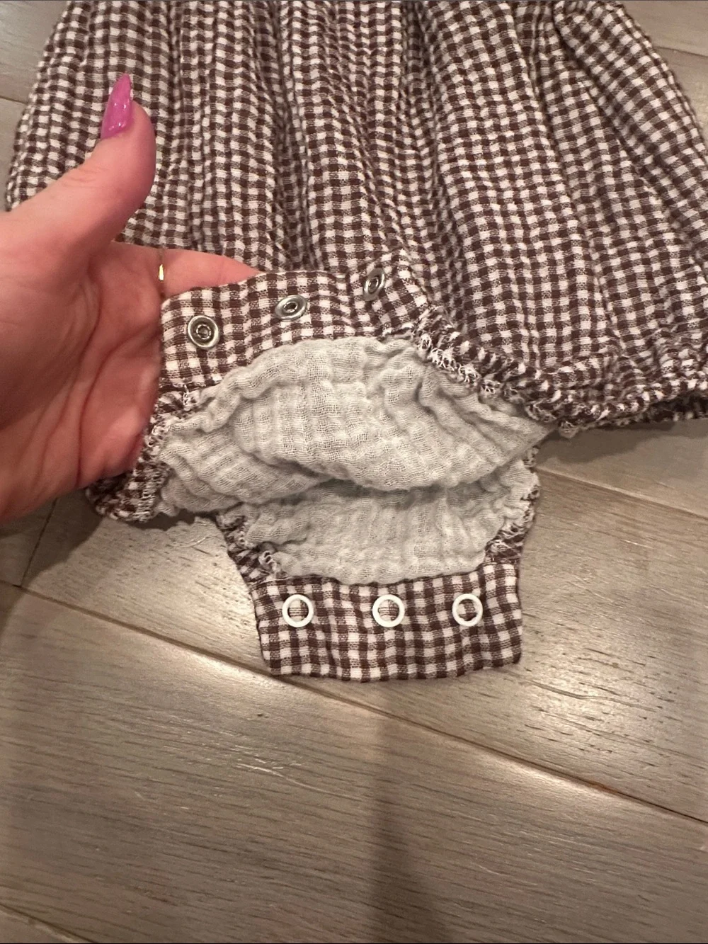 Gingham Ruffle Strap Baby One-Piece in Brown